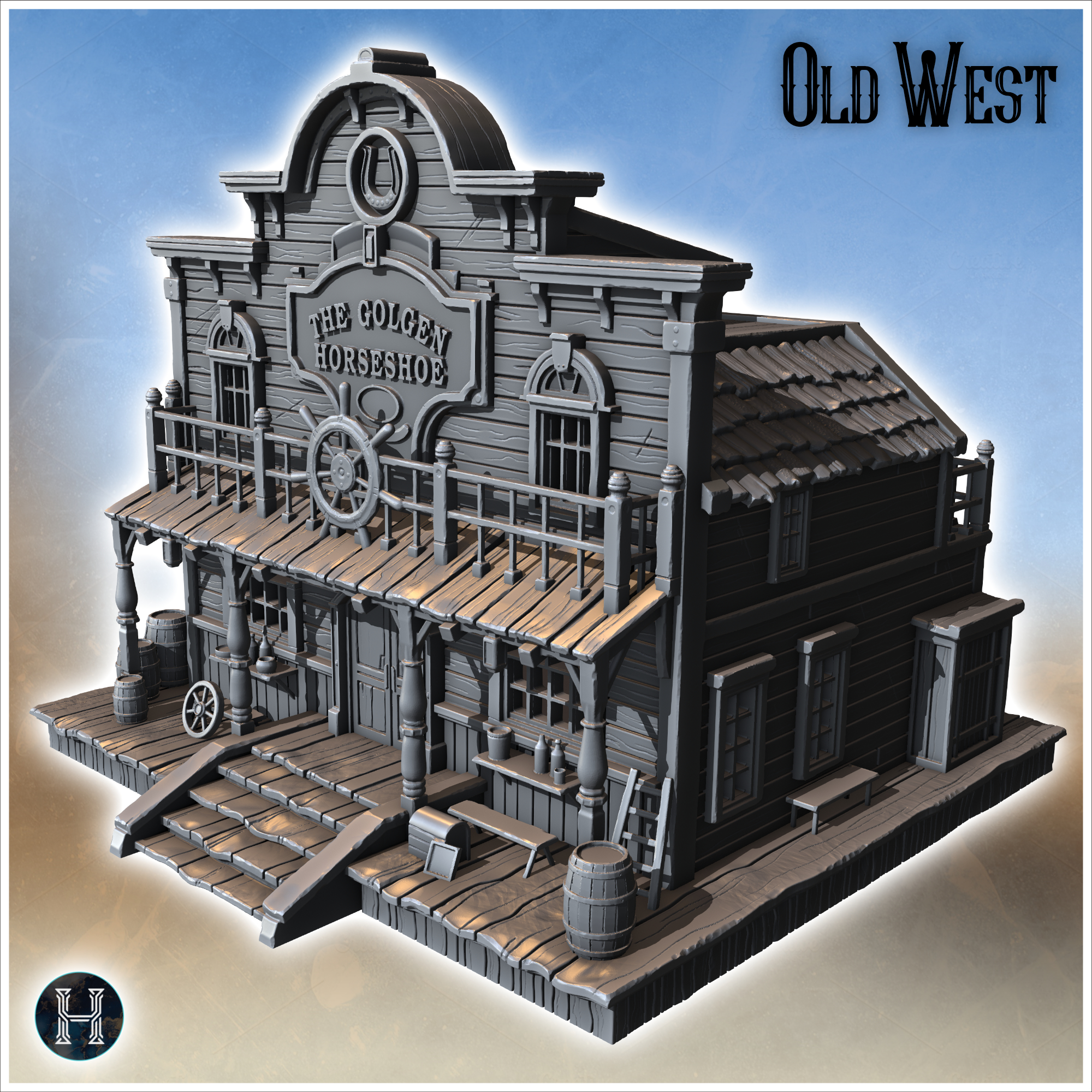 Old Western-style saloon with two-story porch, large balcony, and wooden decorations (4) - Cowboy USA America ACW American Civil War History Historical